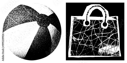 Retro halftone beach ball and cracked shopping bag illustration, vintage dot matrix style, 2D graphic assets, print ready vector cutouts for branding or merch.