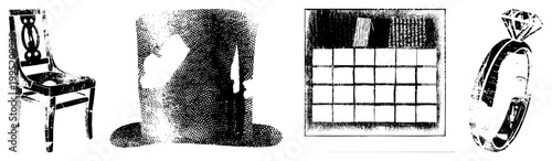 Retro style graphic elements rendered in halftone, dot matrix design, stippled illustration, vintage clipart, vector art.