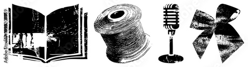 Distressed graphic elements including vintage microphone, spool of tape, open storybook, ribbon bow retro stencil cutouts for design projects.