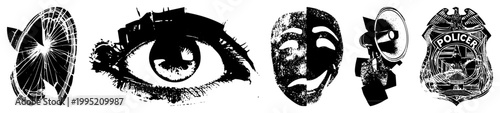 graphic symbols representing surveillance, deception,, and communication includes stylized eye, theatrical mask, bullhorn, law enforcement insignia, broken pane motif.