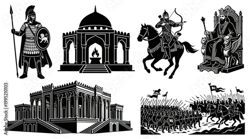Ancient Persian Empire History Black  White Silhouette Icons Vector Art