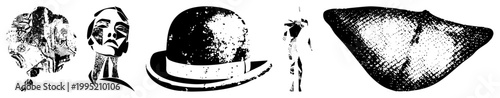 Black and white graphics stylized portraits, bowler hat, silhouette, halftone shapes. Also vector illustrations,, design assets.