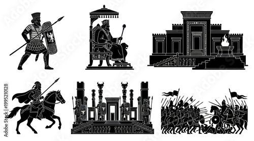 Ancient Persian Achaemenid Empire Historical Figures and Architecture Black  White Silhouette Vector Set
