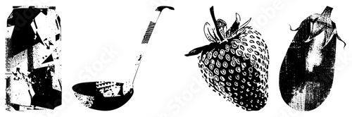 Black and white halftone illustrations of everyday objects beverage container, kitchen utensil, fruit, vegetable rendered as graphic cutouts for design use.