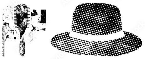Vintage style fedora hat and hairbrush rendered in halftone dots, retro graphic design, 1950s aesthetic, pop art influence, illustration.