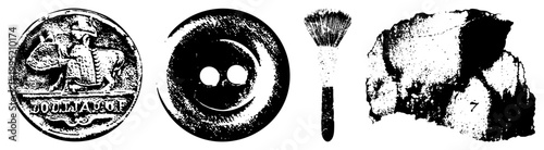 Grayscale halftone graphic featuring antique coin, sewing button, paintbrush, and geological specimen retro print style, dot matrix texture, vintage collectible.