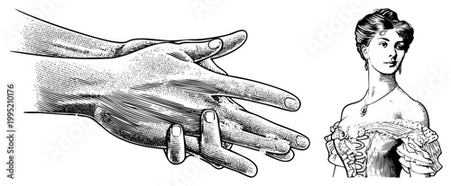 19th century lady in period dress, anatomical hand study, engraved illustration, historical figure, antique print, halftone technique.