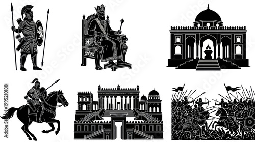 Ancient History Black Silhouette Vector Set: Warriors, Kings, Palaces, and Battle Scenes