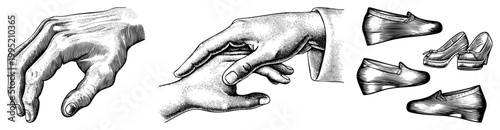 Classical engraved hand gestures and footwear, etched anatomical hands, vintage shoe silhouettes, vector cutouts, halftone art for print design.