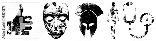 Distressed graphic symbols including approval gesture, theatrical mask, Spartan helmet, military figure, medical tool also called distressed glyphs or gritty.