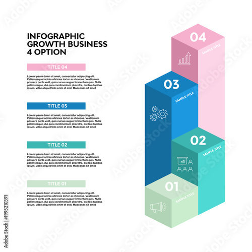 Business development growth infographic with 4 building sections for business presentations or reports. 4 step infographic. Vector editable.