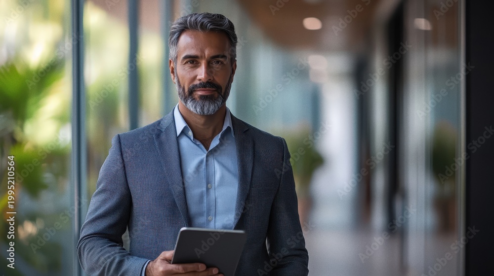 Fototapeta premium Confident mature businessman with beard holding digital tablet in modern office hallway