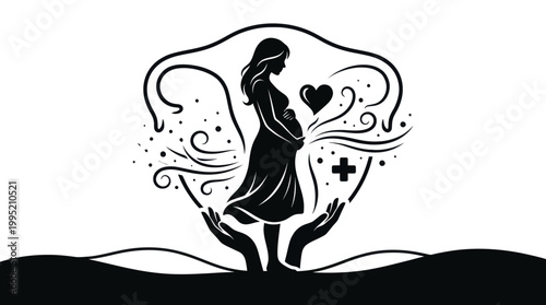 Black  White Silhouette Graphic of Pregnant Woman with Hands, Heart, Medical Cross for Maternity Healthcare