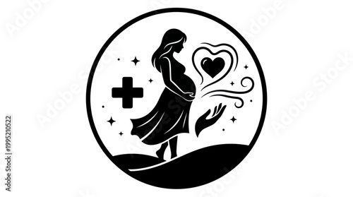 Maternity Healthcare Glyph Logo: Pregnant Woman, Medical Cross  Heart for Pregnancy Care