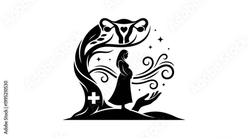 Black  White Uterus Tree with Pregnant Woman and Medical Symbols
