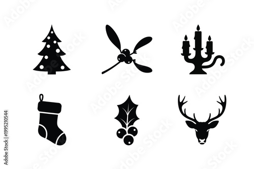 Set of six christmas vector icons including tree mistletoe candle holder stocking holly and deer.