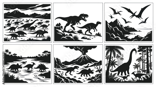 Black and White Dinosaur Silhouettes, Jurassic Period Vector Art