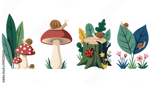 Colorful set of forest elements featuring snails mushrooms and ladybugs in nature.