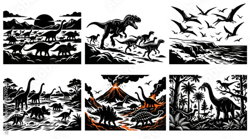 Dinosaur Silhouettes Black And White Line Art Vector Collection