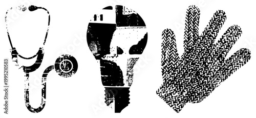Medical stethoscope, incandescent bulb, knitted glove rendered in distressed vector style also called grunge medical, halftone utility symbol, textured healthcare motif.