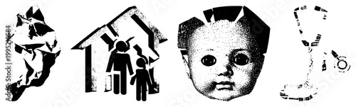 Monochromatic halftone graphic symbols including crushed paper, household silhouette, porcelain doll, shattered ceramic ideal for eerie or retro design themes.