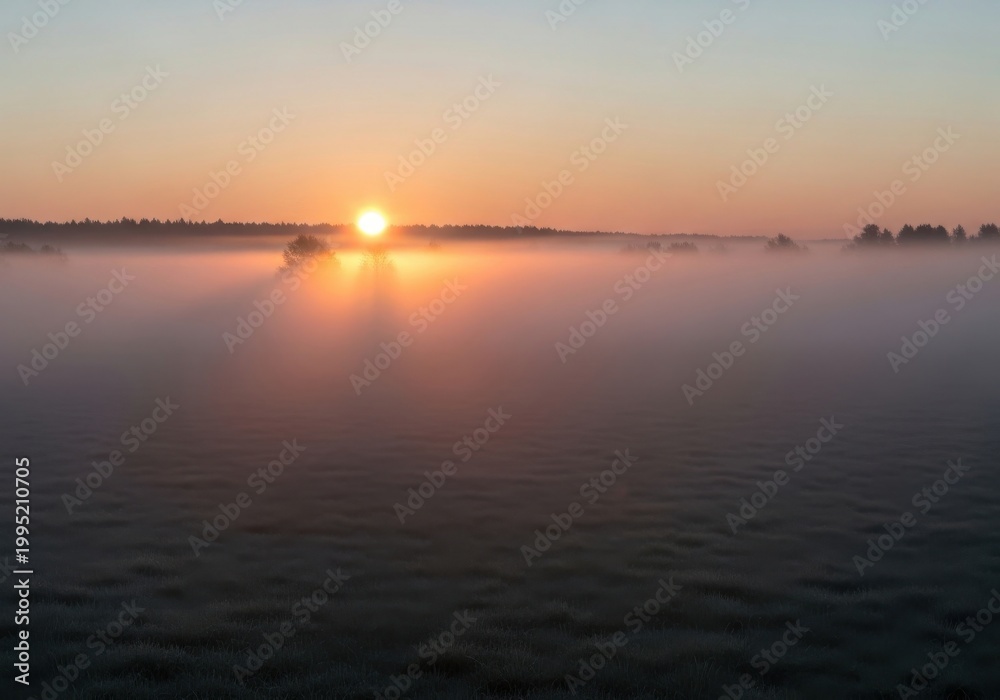 Obraz premium Beautiful Sunrise Over a Misty Lake with Golden Light Piercing Through Fog; Concept for New Beginnings, Tranquility, Peace, Nature Beauty, and Morning Serenity.