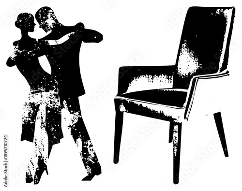 Black and white cutout of romantic dance partners in embrace, ballroom or tango pose, beside minimalist chair stylized halftone texture, vector silhouette.