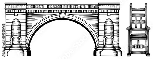 Architectural bridge sketch with Gothic, rustic wooden chair drawing, engraved ink style, vintage woodcut aesthetic, classical design elements.