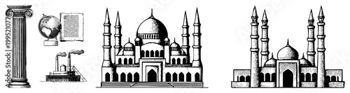 Muslim place of worship featuring onion domes, slender minarets, entryways also called masjid or jami mosque, used for congregational prayer.