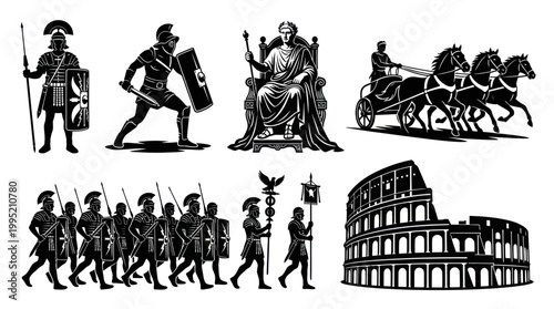 Ancient Roman Soldiers, Emperor, Chariot, Colosseum - Black  White Line Art