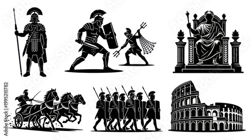 Ancient Roman Gladiators, Chariot, Emperor, Colosseum Icons - Black and White Vector Art