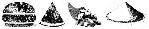 Distressed food symbols including hamburger, pizza wedge, harvest horn, and granular mound also called grunge cuisine glyphs, halftone kitchen emblems, rustic eatery.