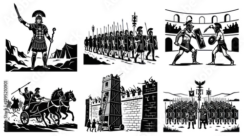 Roman Legionaries Battle, Chariot, Gladiators, Fortress Vector Art