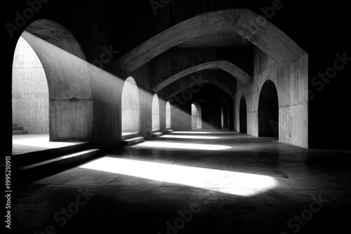 Monochrome archway corridor with dramatic light beams