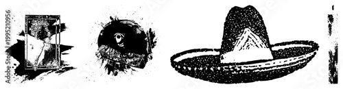 Sombrero, Mexican hat illustration, abstract ink splatter art, graphic design element, vector cutout, stylized cultural symbol, halftone artwork.