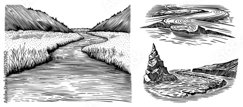 Ink style river scene with flowing waterways, reed banks, and rocky outcrops also known as etched river sketch or linocut inspired stream landscape.