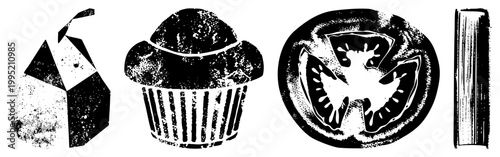 Stylized food illustrations in halftone dots fruit, baked goods, veg sections, book. Great for retro design/packaging. Also called food glyphs or vintage vector.