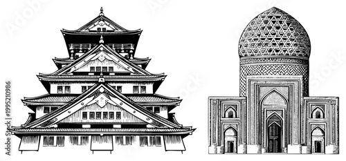 Vector art of Japanese fortress Central Asian tomb, highlighting East Asian citadel & Islamic funerary design with precise,.