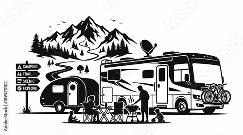 Black  White Line Art RV Camping Adventure Vector with Family, Mountains  Travel Trailer