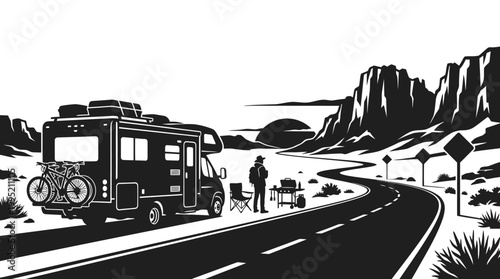 RV camper and bicycles on desert road, black and white line art