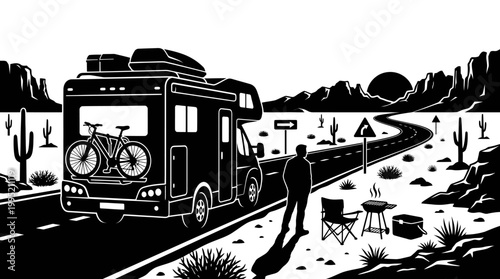 Recreation Travel: Black and White Vector Illustration of RV Road Trip and Camping in Desert