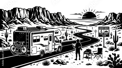 Black  White Line Art: Desert RV Road Trip with Traveler, Bikes  Sunset - Outdoor Adventure