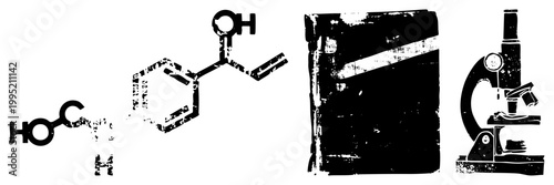 Distressed science symbols including molecular diagram, academic text volume, lab instrument ideal for educational design, chemistry graphics, or research branding.