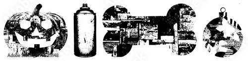 Vintage style spooky symbols including carved pumpkin, aerosol can, pet chew toy, holiday bauble all rendered in gritty halftone for edgy design work.