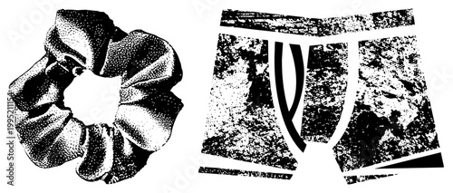 Hair accessory scrunchie paired with briefs, both rendered in halftone dot stylized fashion cutouts, graphic illustrations, isolated vector art.