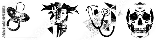 Rugged vector symbols featuring pacifier, bull head, stethoscope, skull distressed graphic elements for edgy design, urban art, streetwear motifs.