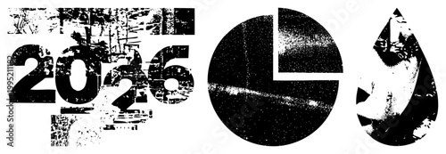 Distressed numeric year 2026, halftone circular chart, fragmented droplet symbol ideal for retro futurism design, data storytelling, or vintage analytics interfaces.