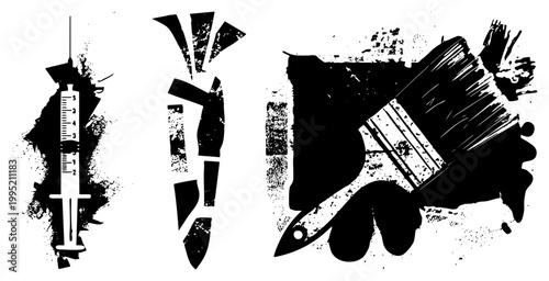 Distressed medical and art tools illustration, syringe, paintbrush symbol, grunge design elements, vintage stencil style, halftone texture, distressed graphic.