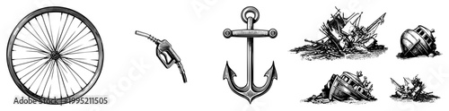 Maritime anchor, shipwreck sketches, bicycle wheel, fuel nozzle engraved art for branding, use, or design assets. Also known as nautical symbols, mechanical doodles.