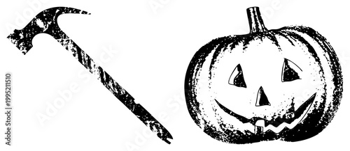 Spooky pumpkin lantern with carved face, Halloween jack o lantern, festive gourd, horror themed graphic, distressed halftone style illustration.
